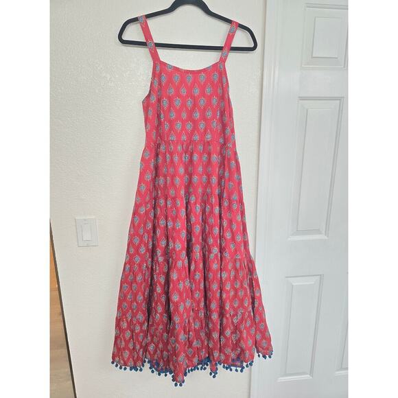 NWT Maroon Buti Printed Cotton Long Dress Pompom Lace Shoulder Straps XL - Picture 3 of 8